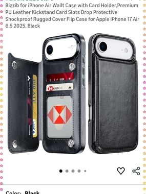 Premium Black Leather Wallet Case for iPhone 17 Air - Card Holder & Kickstand